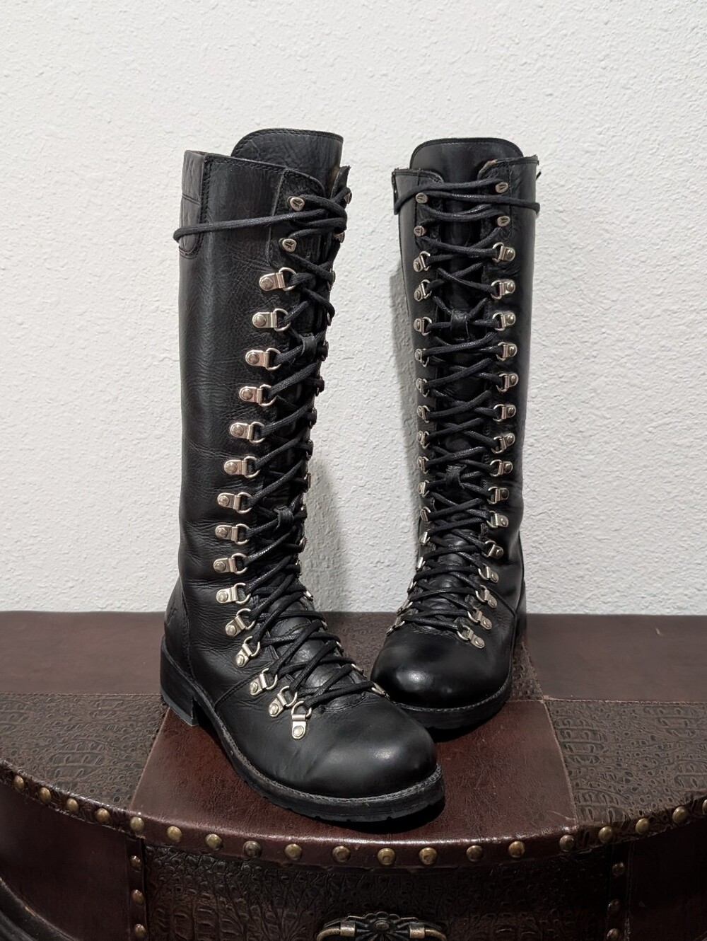 VTG Frye Rogan Tall Black Leather Combat Lace-Up Side-Zip Boots Size 7.5 - Picture 16 of 16